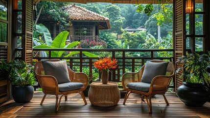 Fototapeta premium Tranquil Patio with Lush Greenery