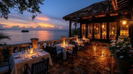 Elegant beachfront restaurant with candlelit tables and a stunning sunset view over the ocean.