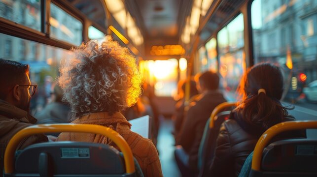 Passengers riding on a bus during sunset, with warm light illuminating the interior.