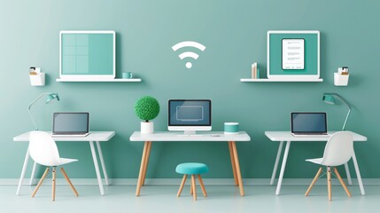 Fototapeta premium A room with three desks and chairs, and a whiteboard with a wifi symbol on it