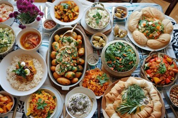 Fototapeta premium A table full of food with a variety of dishes including rice, potatoes