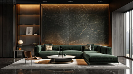 Minimalist dark room featuring a modern green couch, elegant design, Green couch