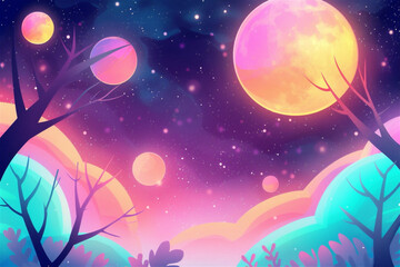 Colorful fantasy landscape with planets shining over trees at night, with stars shining in the background. Halloween festive background