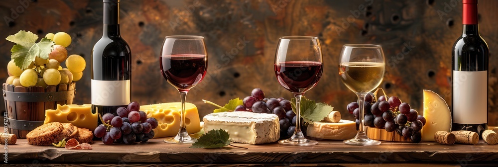Poster three wine glasses, two filled with red wine and one with white, are arranged on a wooden table with