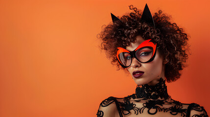 A woman posing for Halloween dressed in a costume, background poster with copy space for marketing and promotion