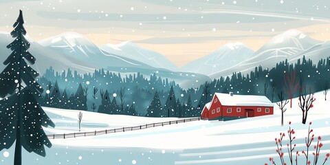A snowy landscape with a red barn and a tree. The scene is peaceful and serene, with the snow covering the ground and the mountains in the background. The red barn adds a touch of warmth
