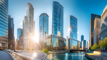 Obraz premium Chicago Skyline with River and Sunset