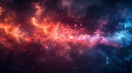 Naklejka premium Red lightning through colored rain on black background, graphic resources