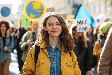 A young woman wearing a yellow jacket stands in front of a crowd of protesters