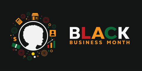Obraz premium Black Business Month. Women, store, statistic, money, fireworks and more. Great for cards, banners, posters, social media and more. Black background.