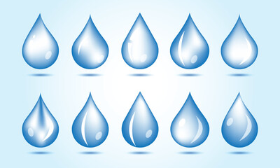 set of gradient 3d blue water drop isolated on gradient background. water drops of different forms vector illustrations.