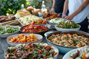Fototapeta premium A table full of food with a variety of dishes including salads, vegetables