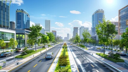 Fototapeta premium Generate a photo realistic image of urban smart infrastructure using technology to enhance efficiency and sustainability; ensure the image is of high resolution for clear and detailed quality