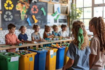 Obraz premium A group of children are sitting at a table with a recycling bin in front of them
