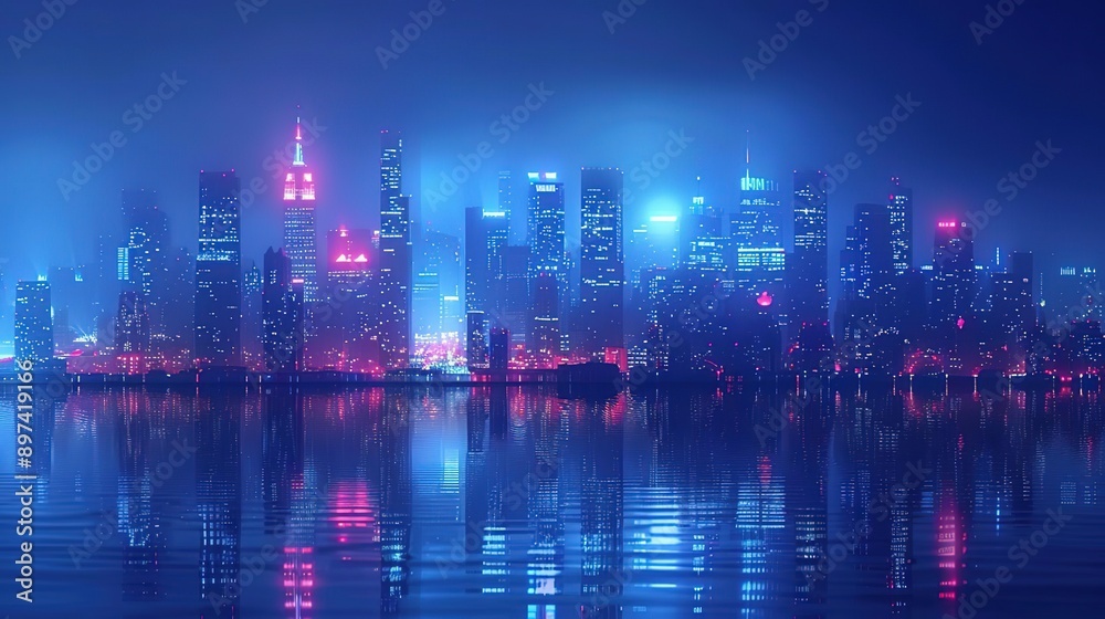 Canvas Prints night city skyline with reflection in water - digital illustration