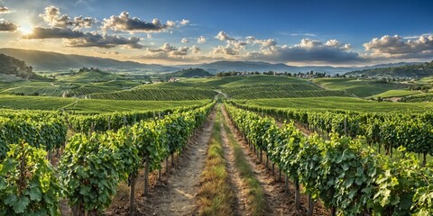 Fototapeta premium Landscape photograph vineyard sunset sky blue few clouds Row vin