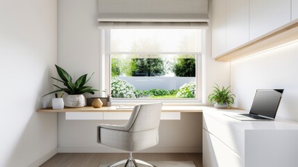 A stylish home office with a desk, a chair, and shelves filled with books and decor, with copy space, high-resolution photo, realistic photo, hyper realistic