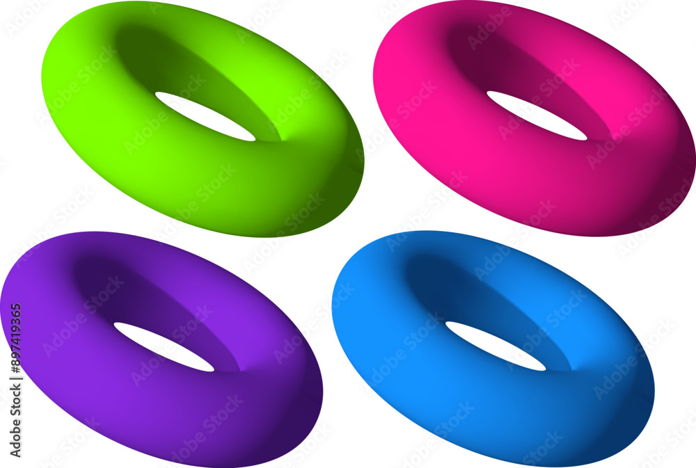Poster Isolated colorful torus set in 3D perspective. Abstract geometric donut shapes collection, in rotation
