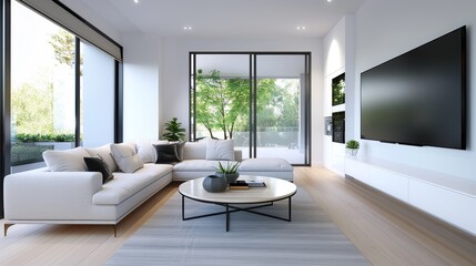 Fototapeta premium A modern living room with a sectional sofa, a flat-screen TV, and sleek decor