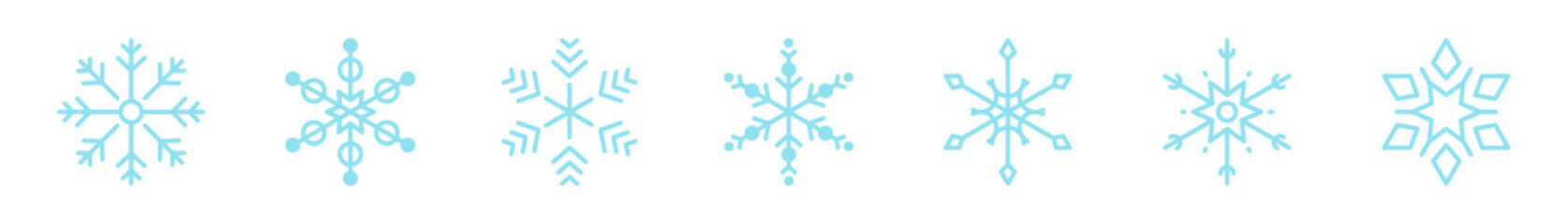 Snowflake blue line icons set. Winter, ice, christmas, snow, cold, weather vector sign, symbol. Isolated on a white background. Pixel perfect. Editable stroke. 64x64.