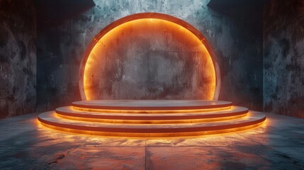 Glowing Circular Stage in a Concrete Room