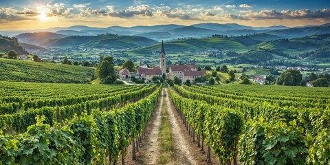 Naklejka premium Landscape photograph vineyard rural area sky blue few Row vine g