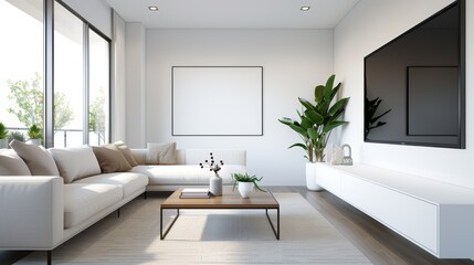 Fototapeta premium A modern living room with a sectional sofa, a flat-screen TV, and sleek decor, with copy space, high-resolution photo, realistic photo, hyper realistic