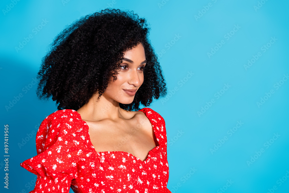 Sticker Profile portrait of gorgeous young woman look empty space wear top isolated on blue color background