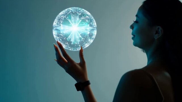 Woman Reaches for Holographic Earth Globe