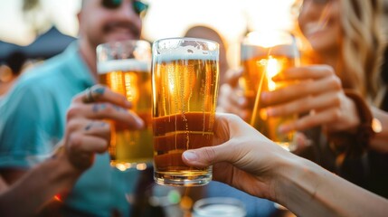 Friends Toasting with Beers at Outdoor Party.
