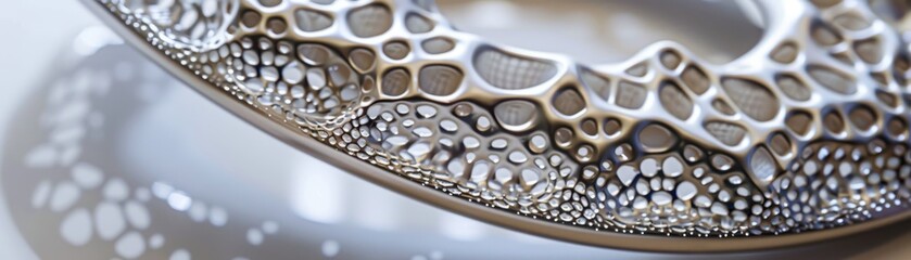 Close-up of intricate metal pattern with organic shapes, casting detailed shadows on a reflective surface.