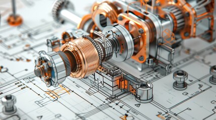 Detailed 3D rendering of an industrial machine part with intricate mechanical components and technical blueprints in the background.