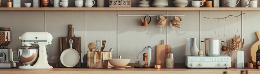 Cozy modern kitchen with various cooking utensils and appliances, featuring a minimalist design with neutral colors and wooden accents.
