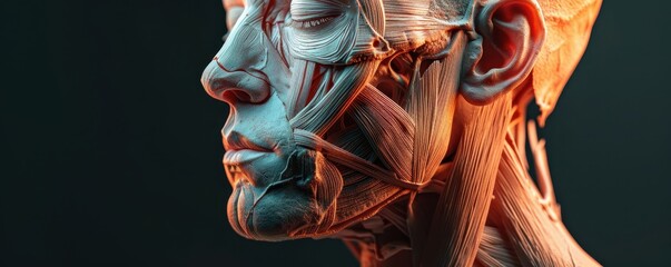Detailed anatomy model showing human head muscles and facial structure, highlighting intricate muscular details in a realistic illustration.