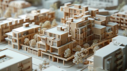 Detailed architectural scale model of a modern urban residential complex with surrounding landscape elements.