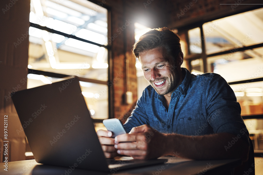 Poster business man, laptop and phone with texting for communication, networking and working overtime in of