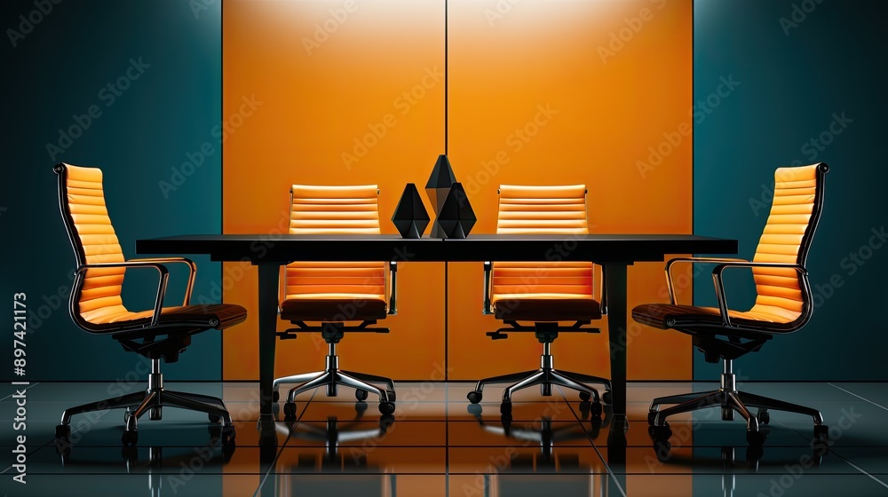 Poster a modern office space with a blue and orange wall and a white desk