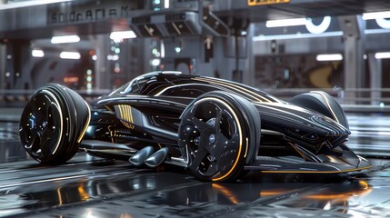 Futuristic black sports car with sleek design in a modern garage, highlighting advanced technology and innovation in automotive engineering.