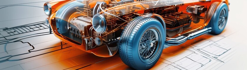 Fototapeta premium Futuristic car design concept with transparent view showcasing intricate details and engineering on blueprint background.