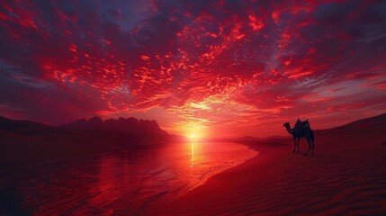 Obraz premium Majestic Desert Sunset with Silhouetted Camel