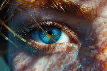 Blue eye reflecting sunlight with long eyelashes and freckles