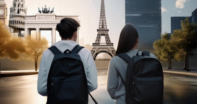 study abroad international global education program, young woman and man student in exchange travel experience in foreign school collage university learning about culture having future opportunity