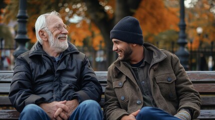 Fototapeta premium An elderly man and a young man talking and laughing on a park bench, the concept of a generational connection