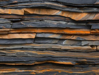 Close-up of layered sedimentary rock formation with vibrant colors and intricate textures, showcasing natural geological patterns.