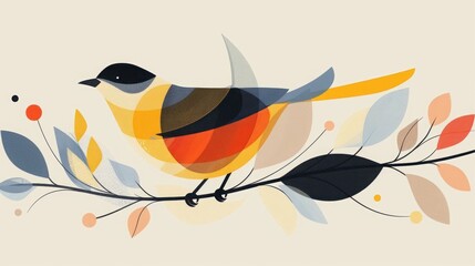 Fototapeta premium Elegant illustration of a colorful bird perched on a branch with abstract leaves and berries, perfect for modern and artistic designs.