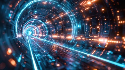 Futuristic digital tunnel with glowing lights, representing high-speed data transfer and advanced technology concepts.