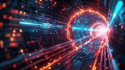Naklejka premium Futuristic neon light tunnel with blue and orange abstract light beams, representing digital technology, speed, and innovation.