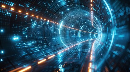 Obraz premium Futuristic, high-speed data tunnel with vibrant blue lights represents digital technology, cybersecurity, and rapid information transfer.