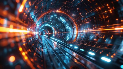 Obraz premium Futuristic sci-fi tunnel with glowing orange and blue lights, high-tech, digital concept and abstract background.