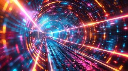Obraz premium Futuristic neon light tunnel with vibrant colors and digital grid patterns, creating a cyberpunk atmosphere.